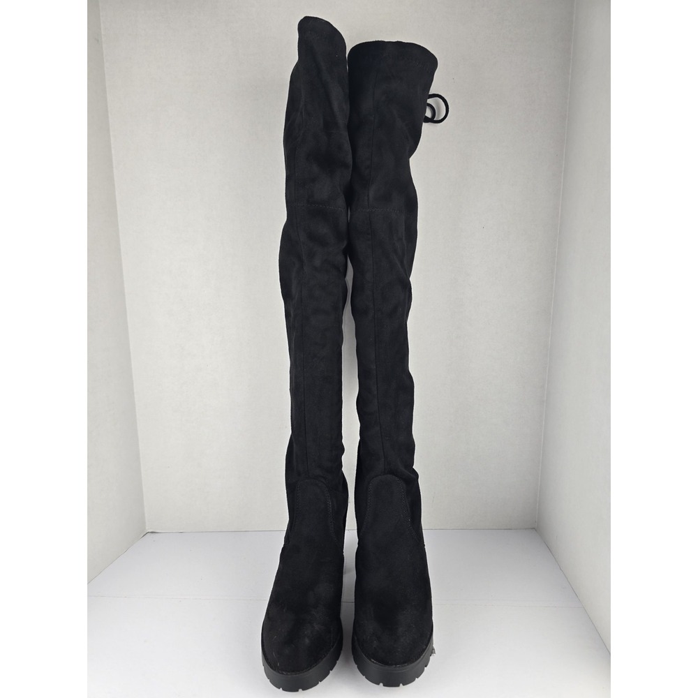 Women's Thigh High Boots Size 7.5 Black Faux Suede Block Heel Side Zip Tall